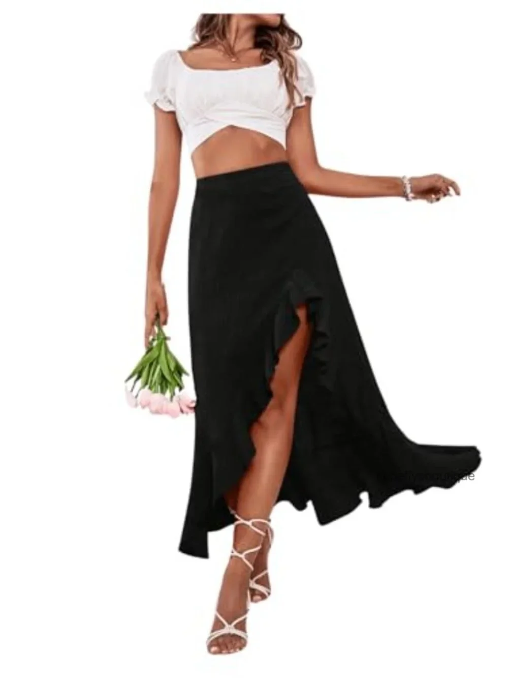 Boho Floral High Waisted Ruffle Maxi Skirt Split Thigh Swing Summer